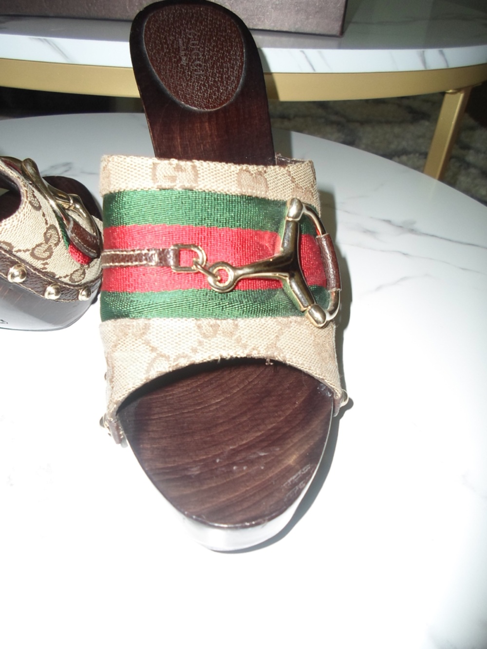 Gucci Brown GG Canvas Wood Platform Slides with Red and Green Web - Picture 3 of 16